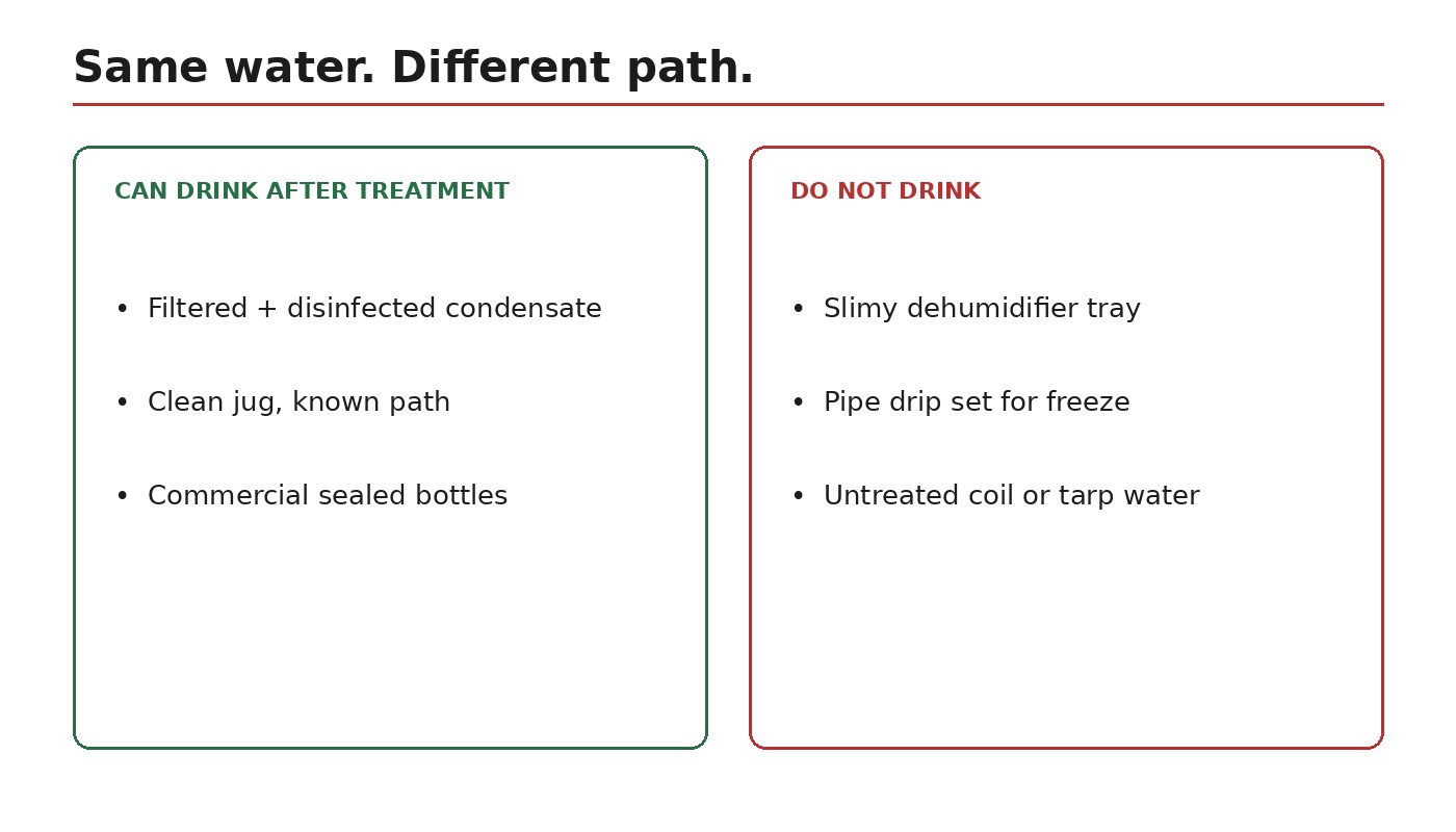 Do drink treated filtered condensate in a clean jug. Do not drink tray sludge, pipe drip, or untreated coil water