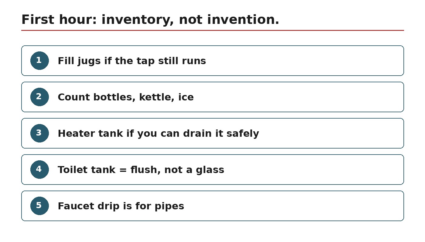 First-hour water inventory: fill jugs, count bottles, heater tank, toilet for flush only, drip is for pipes