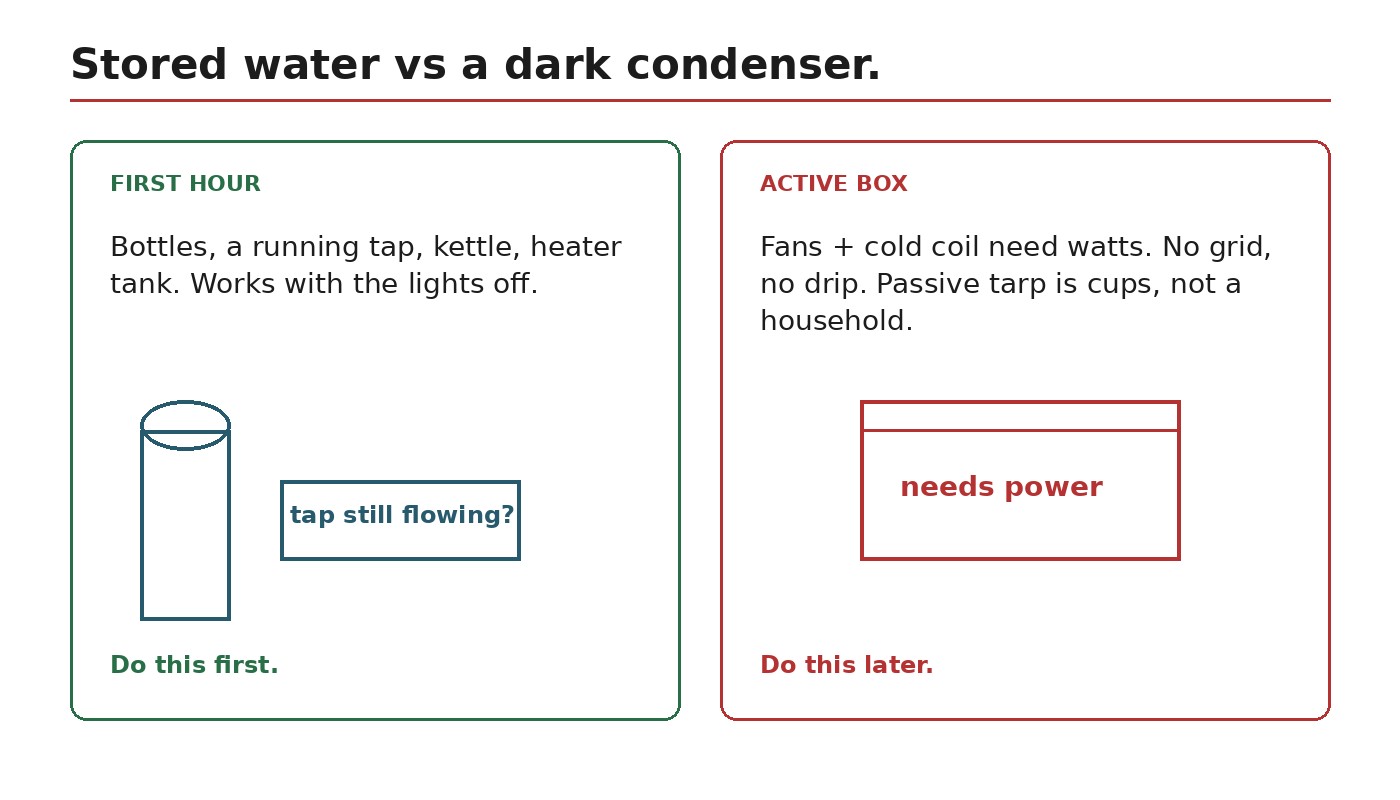 Diagram showing stored bottles and a running tap as first-hour water versus a condenser that needs power