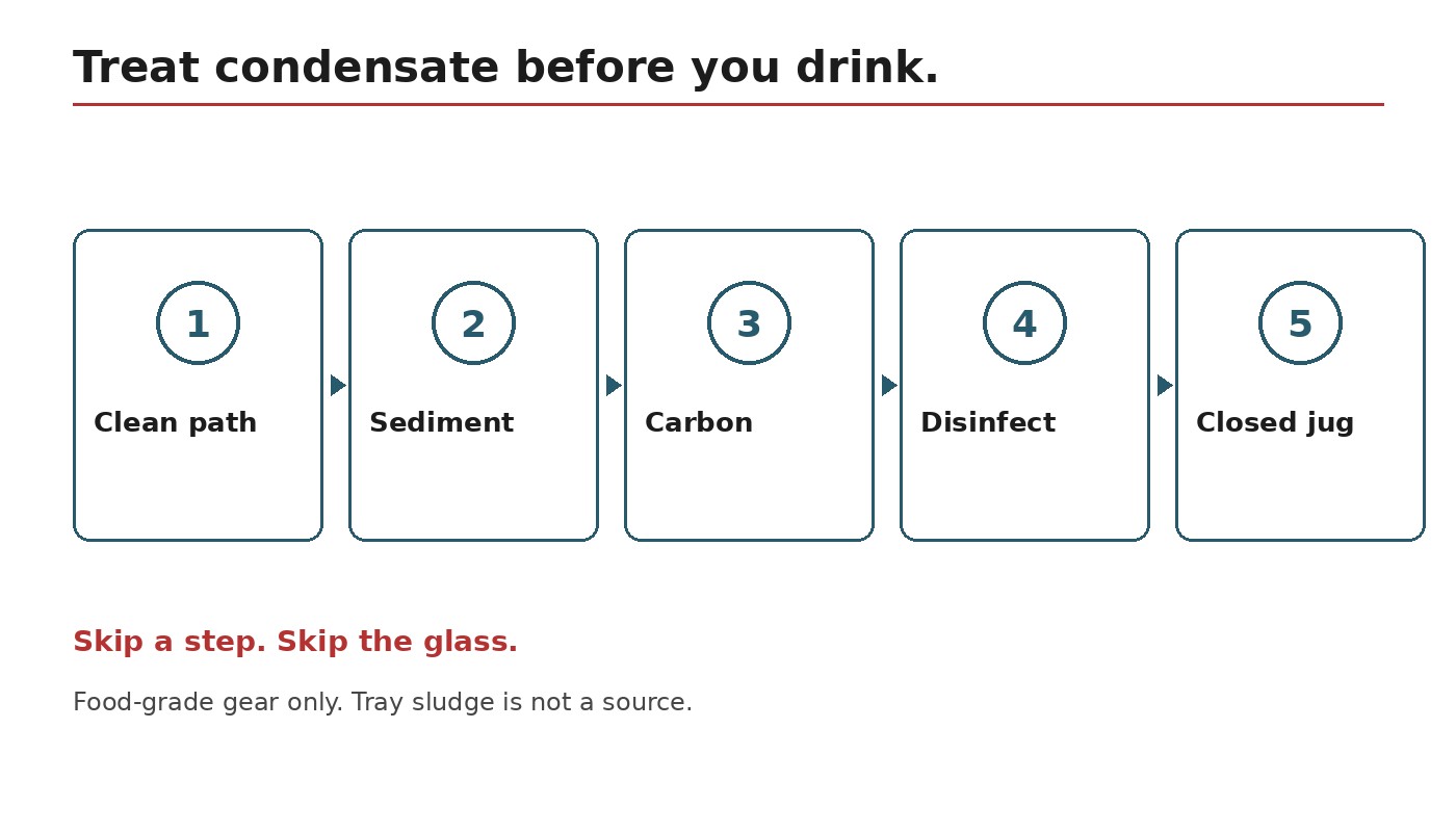 Three-step path: clean food-grade collection, filter, then disinfect before drinking